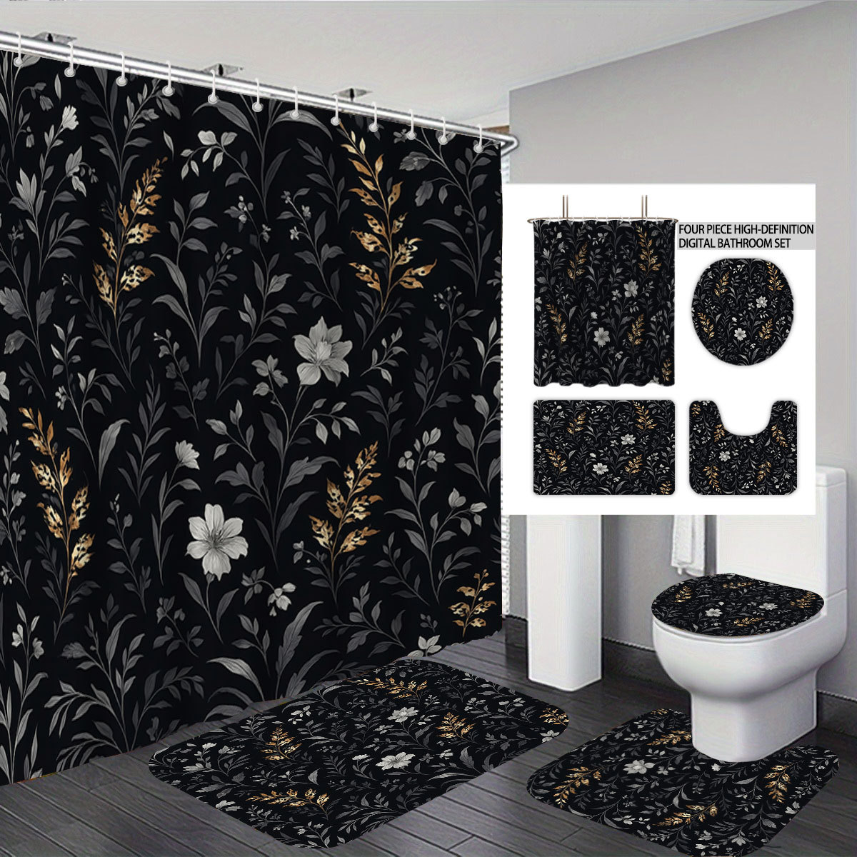 temu cortina de baño de lona impermeable cuatro piezas floral impresión digital poliéster cortina de baño una cortina de partición de cabello
