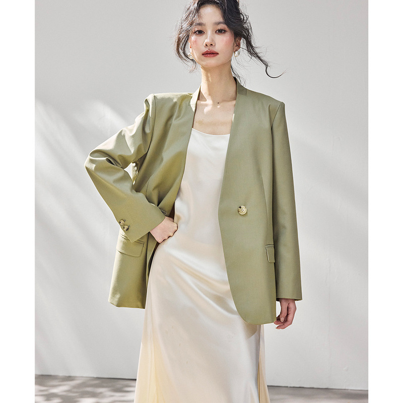 【Shengdu】26 Spring New French Minimalist Loose Fit Green V-Neck Structured Casual Versatile Blazer Jacket