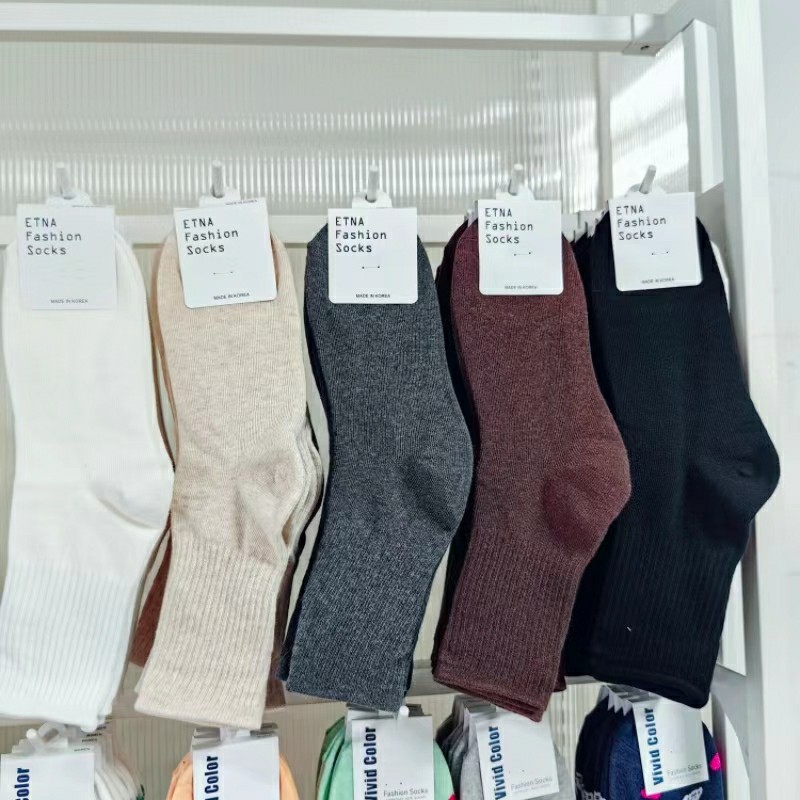 韩国ETNA纯色棉袜黑白灰素色束腰女袜日系简约风百搭中筒袜子