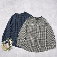 秋季新款甜美森系木耳花边领纯棉格子长袖衬衫女宽松百搭减龄衬衣