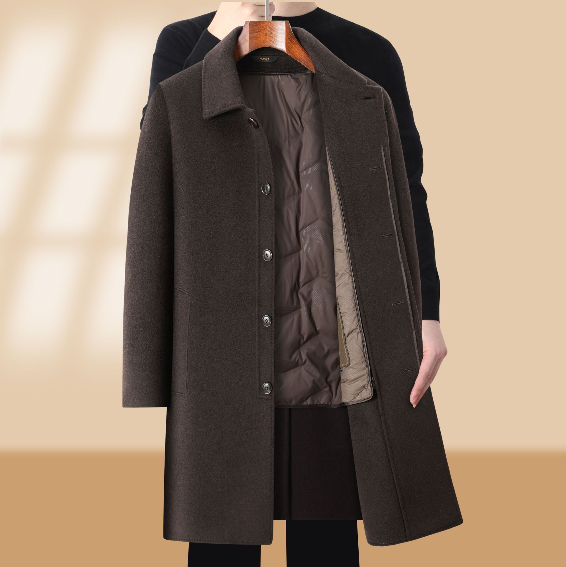 2026 Autumn/Winter New Men's Mid-Length Wool Coat with Detachable Liner and Lapel, Business Double-Faced Wool Jacket