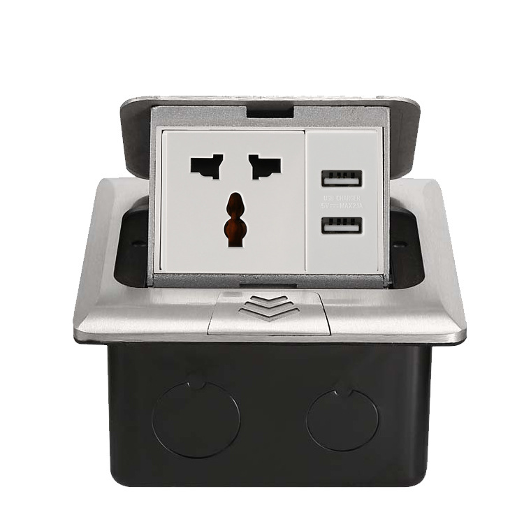 Embedded German standard floor socket box, spring-loaded USB European standard British standard silver-colored ground socket