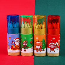 筒装彩色铅笔套装卡通圣诞12色彩铅小学生绘画铅笔圣诞节礼物批发