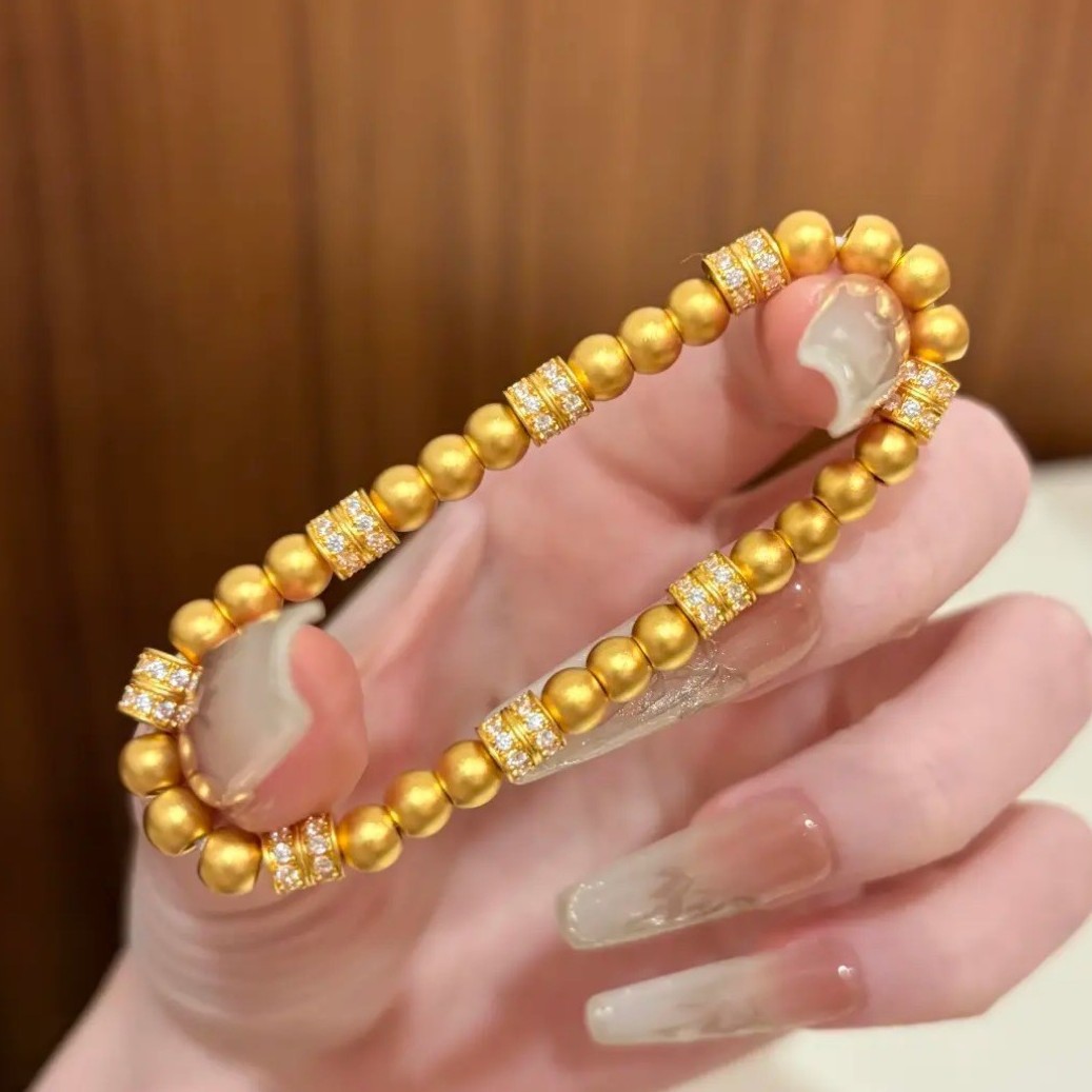 Gold-Colored Lucky Bead Bracelet, Vintage-Style High-End Gold Bead with Diamond-Studded Bracelet for Women, Jewelry Bead String