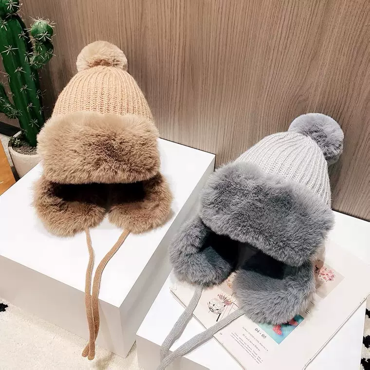 冬季加厚防寒毛绒雷锋帽女士毛球针织毛线护耳帽保暖冬帽滑雪帽子