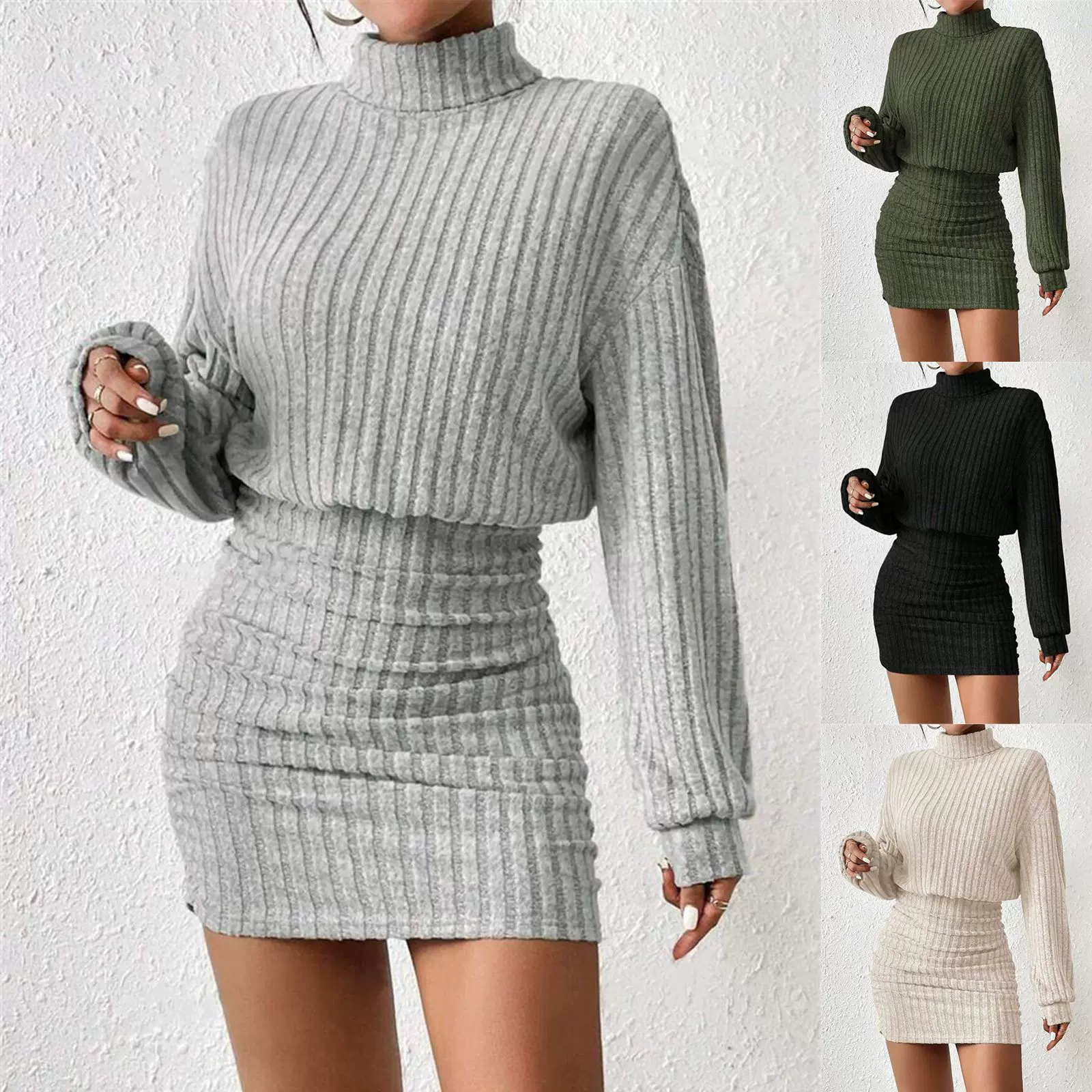 女式半高领连衣裙秋冬季TK亚马逊欧美女装新款收腰性感包臀短裙女