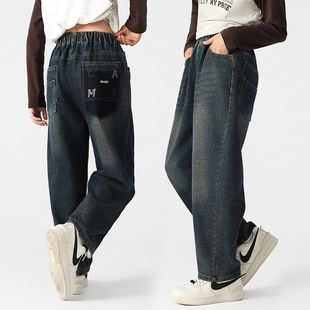 Girls' Jeans Spring and Autumn Wear Big Kids plus size Loose Denim Torre Pants Straight Pants Junior High School Students Pants Western-style