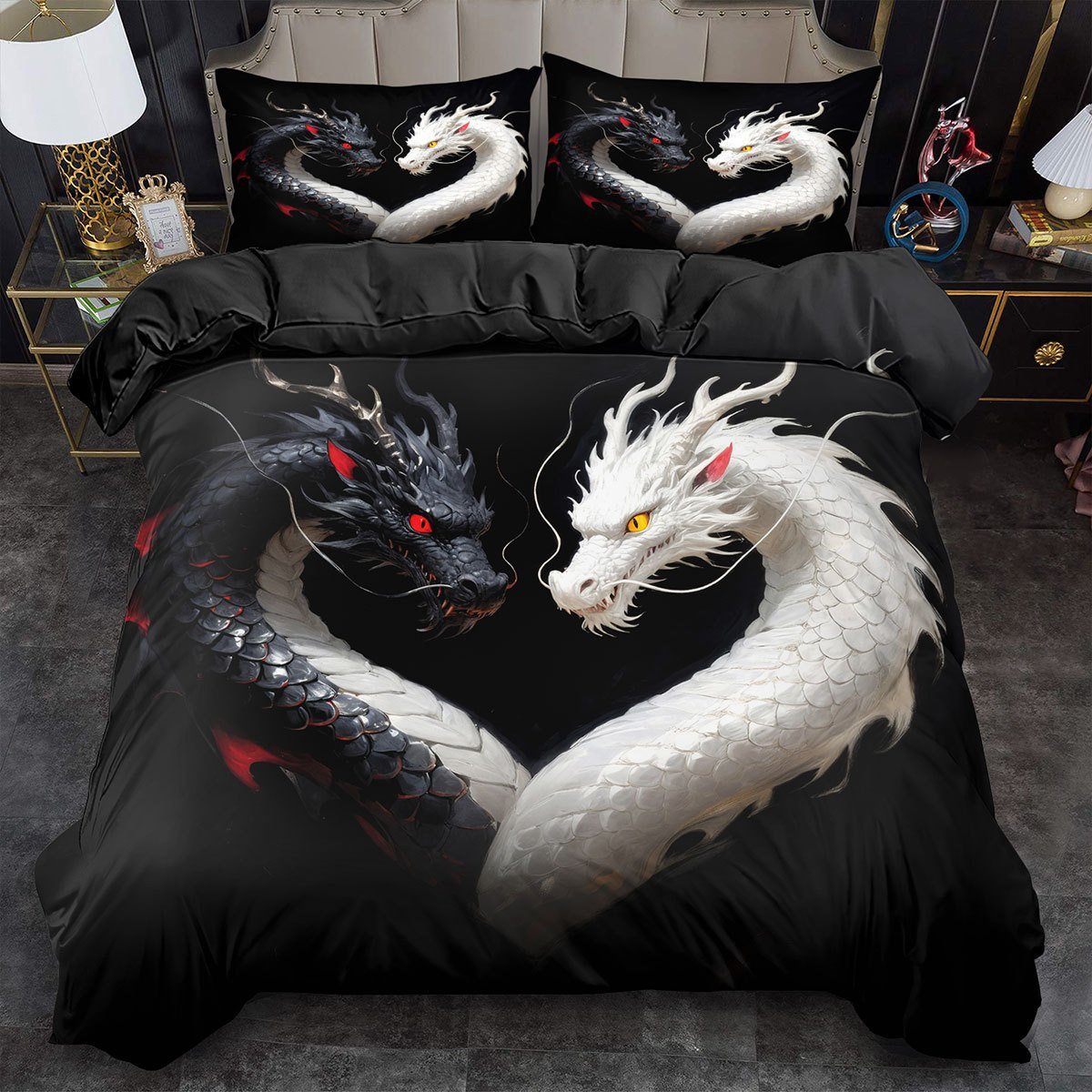 TEMU / JIT transfronterizo explosión molienda impresión digital kit de edredón textil en blanco y negro dibujo de dragón en forma de corazón se puede fijar