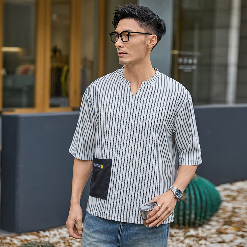 Cross-Border Summer Striped V-Neck Plus-Size Five-Quarter Sleeve Casual Loose Men's Large Size Short-Sleeve 12XL Ice Silk T-Shirt Control 69 Cross-Border Summer Striped V-Neck Plus-Size Five-Quarter Sleeve Casual Loose Men's Large Size Short-Sleeve 12XL Ice Silk T-Shirt Control 69