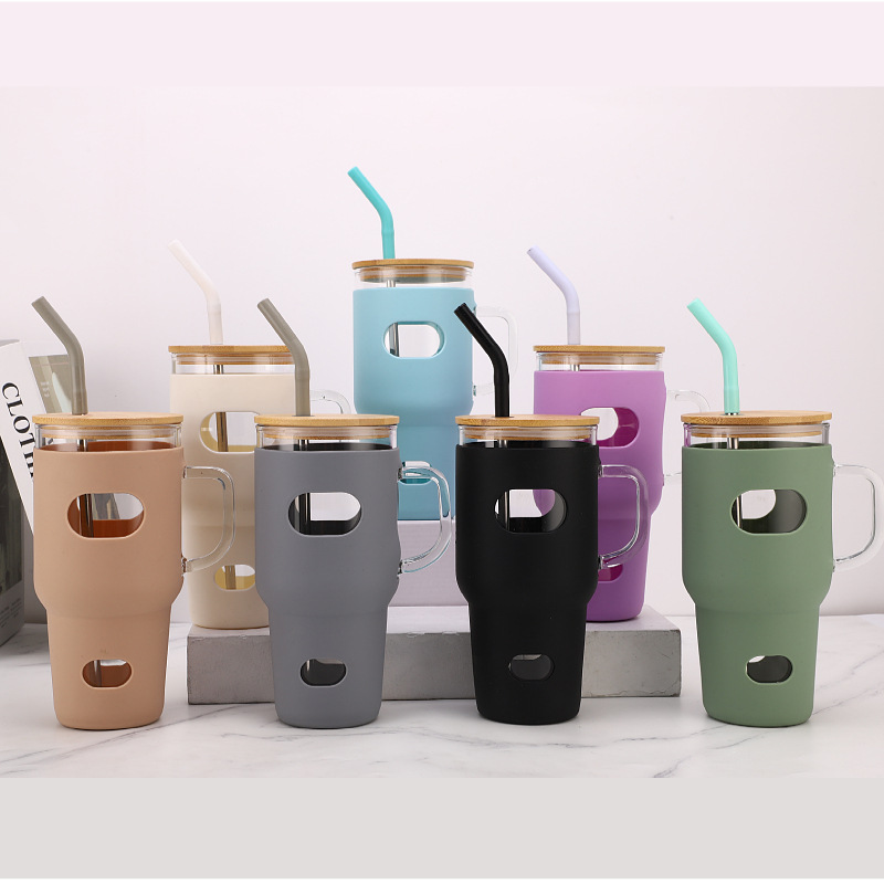 Paso-en 32oz taza de helado taza de paja de vidrio de comercio exterior cubierta de cuero taza de coche taza de café de gran capacidad taza de mango de coche