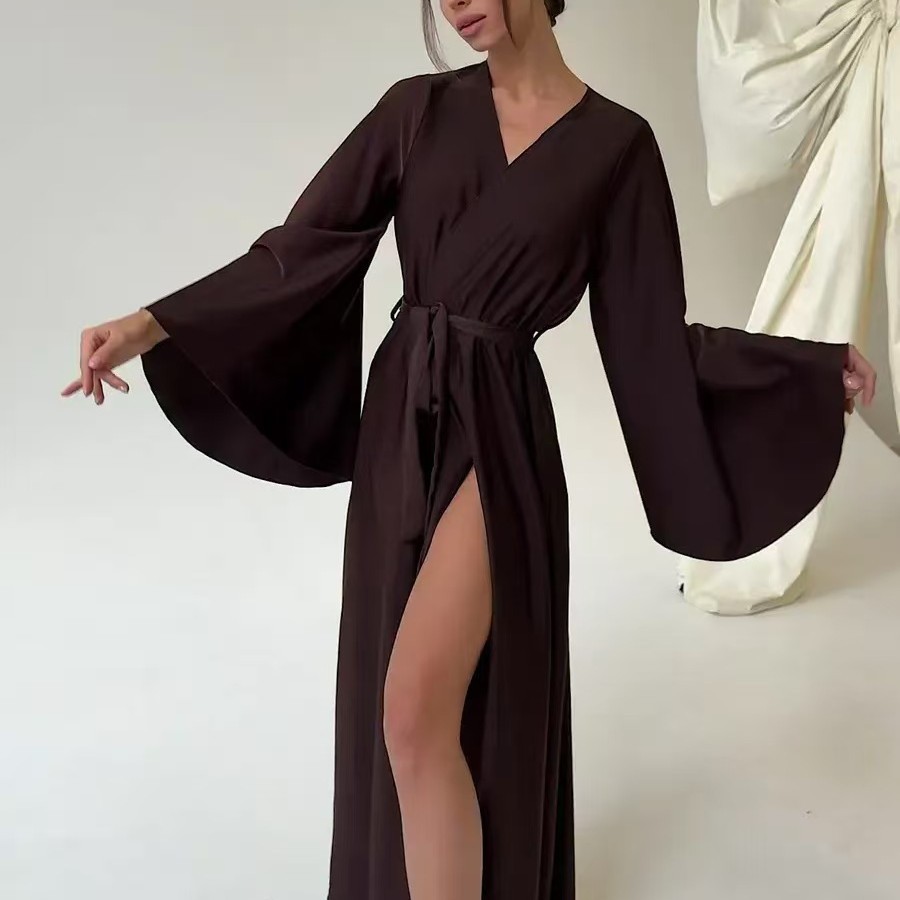 European and American Cross-Border Autumn and Winter Comfortable Casual Elegant Sexy Home Wear Women's Long Satin Robe with Slits