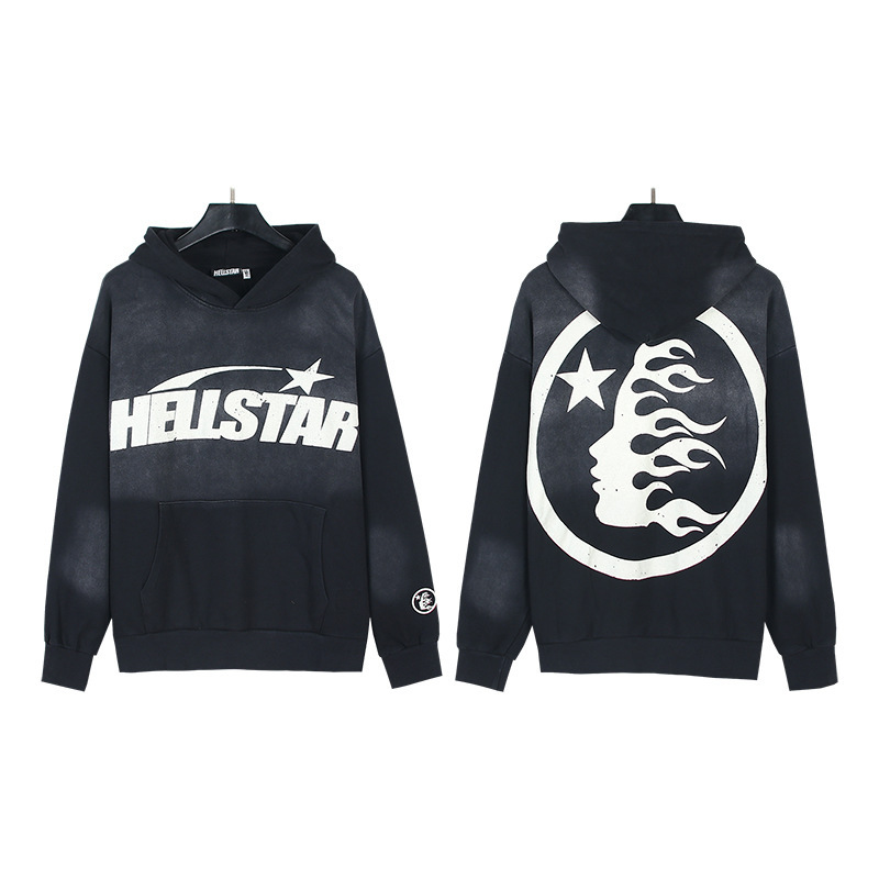 Hellstar ヨーロッパとアメリカのトレンディなブランド、ハイストリート、レトロ、ウォッシュド、ダメージ加工、プリント、ストリート、ルーズフィットのパーカー、男性用と女性用のスウェットシャツ|undefined