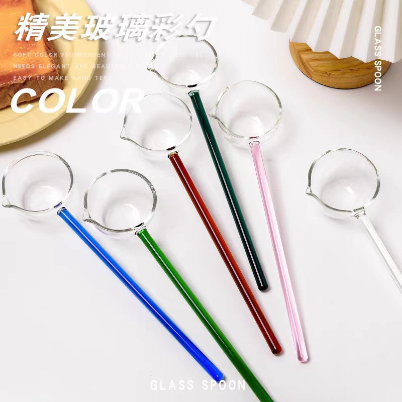 High temperature resistant glass spoon household High-looking cute transparent color handle spoon spoon long handle borosilicate spoon
