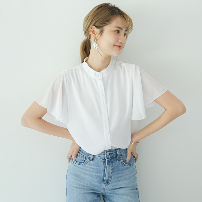 14 Colors in Stock 2026 Summer New Style Loose Stand-Up Collar Solid Color Ruffled Short-Sleeve Shirt Women's Chiffon Top