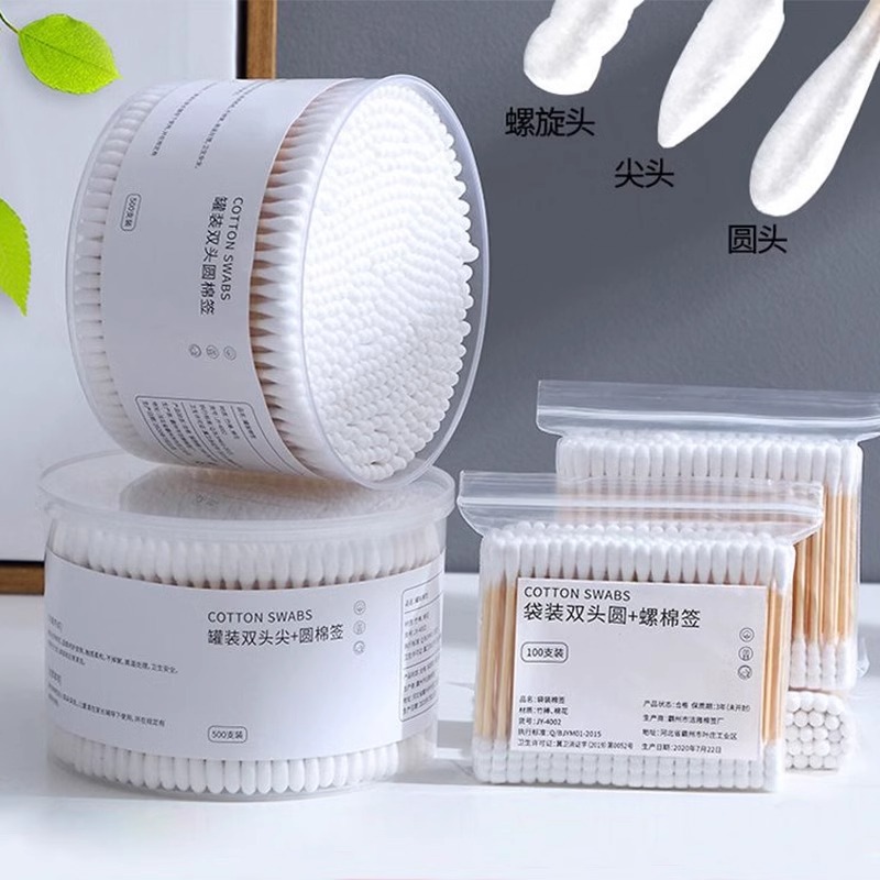 500 hisopos de algodón enlatados, palos de bambú de doble cabeza desechables, maquillaje y limpieza, hisopos de algodón, punta redonda puntiaguda, venta al por mayor directa de fábrica