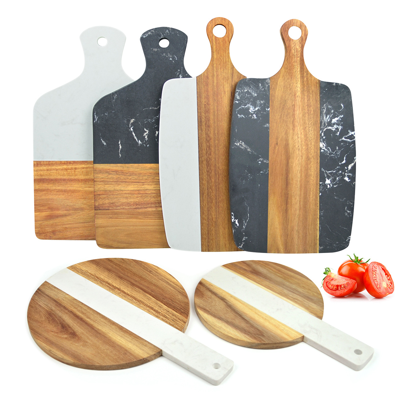 Xiangmu Placa de cortar de mármol artificial Tablero de queso Tablero de pizza Bistec de dim sum Placa de decoración de frutas Tablero de madera maciza Utensilios de cocina