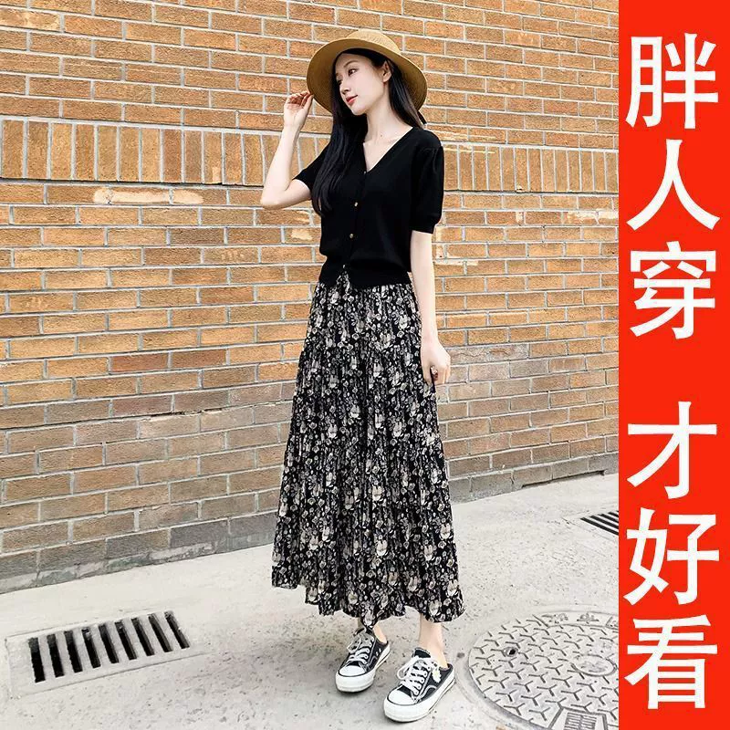 [Counter Plus Size] 2024, летняя темпераментная женская юбка с короткими рукавами и цветочным принтом, утягивающий костюм с юбкой с цветочным принтом, комплект из двух предметов