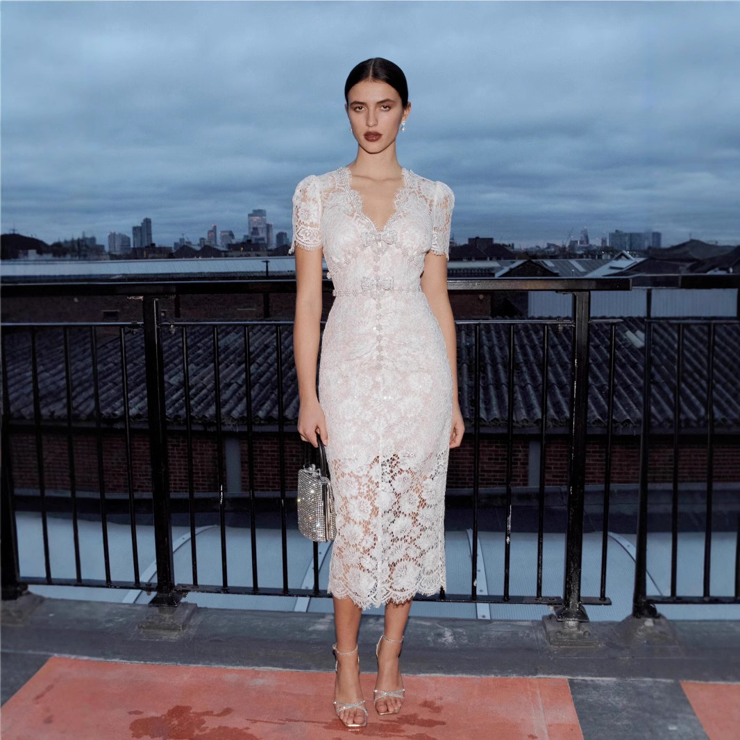 原厂欧美高端轻奢宫廷风sp春夏新款象牙白珍珠蝴蝶蕾丝连衣裙代