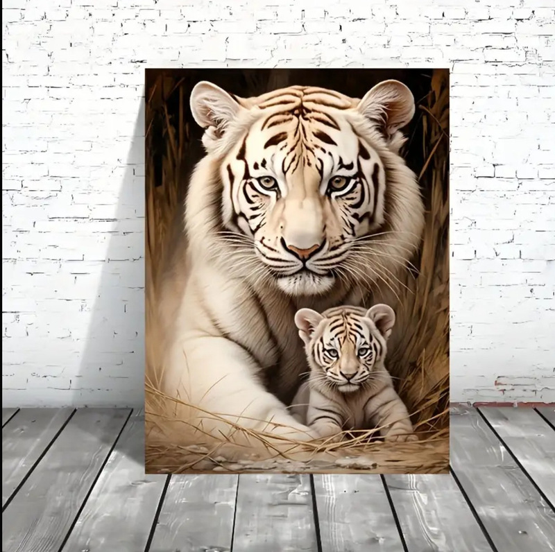 A Canvas Print of a White Tiger and Its Cub, an Artistic Poster for Aesthetic Room Decoration, Unique Creative Wall Art