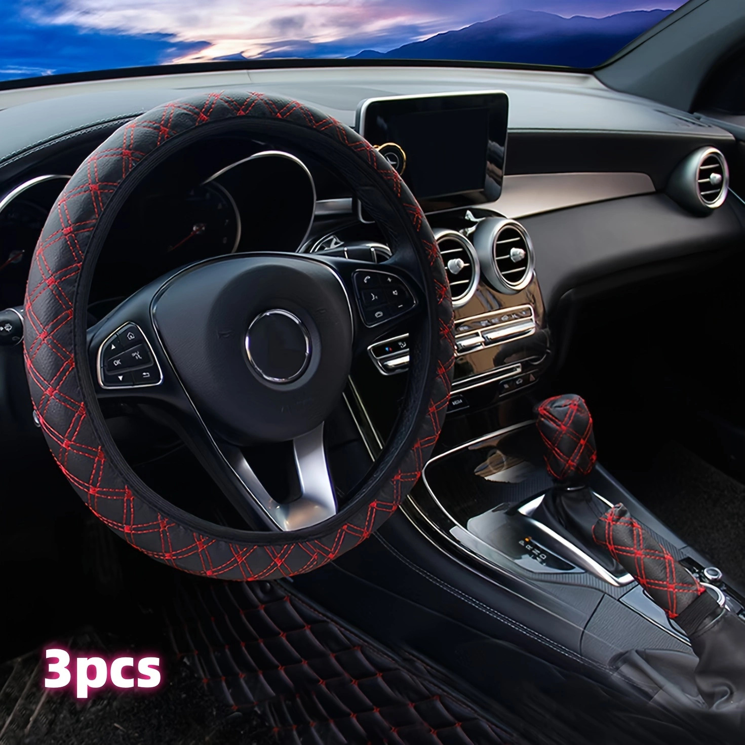 Cross-Border Foreign Trade Specializes in Quilted Embroidered Three-Piece Sets of Car Steering Wheel Covers, Handbrake Covers, and Gear Lever Covers for Amazon, Temu, and Shopee