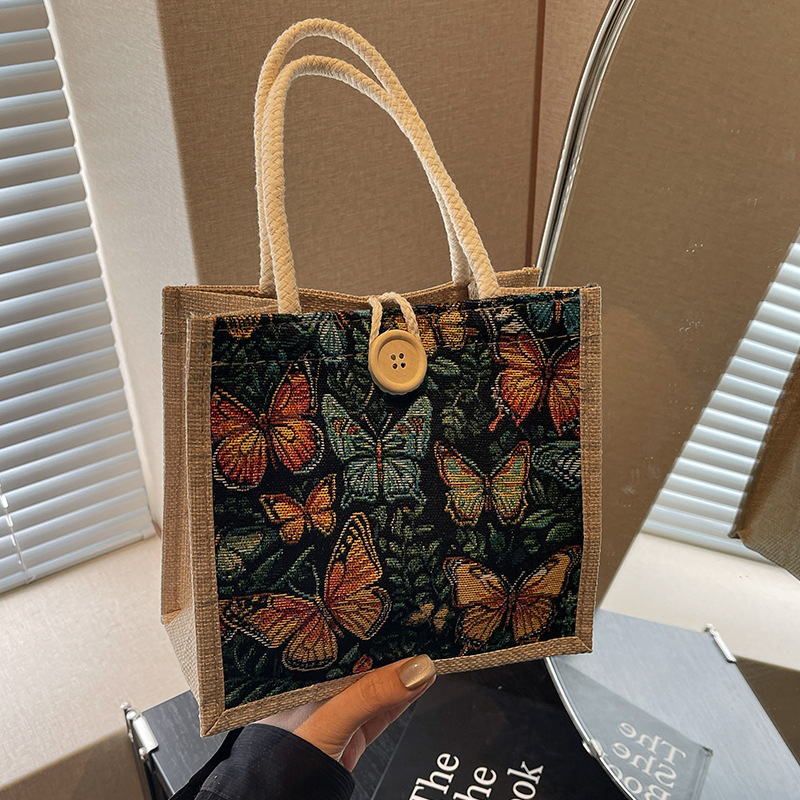 お弁当バッグ レディース 2025年新作 トレンドバッグ 女性用 ins風 蝶刺繍 収納麻布バッグ トレンド新商品|undefined