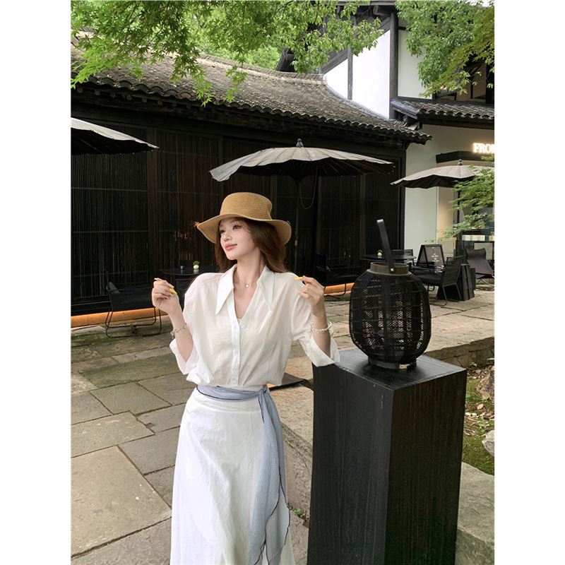 気質白ポロカラー半袖シャツトップ女性の夏のファッションスーツハイウエストスカートロングスカート 2 点セット|undefined
