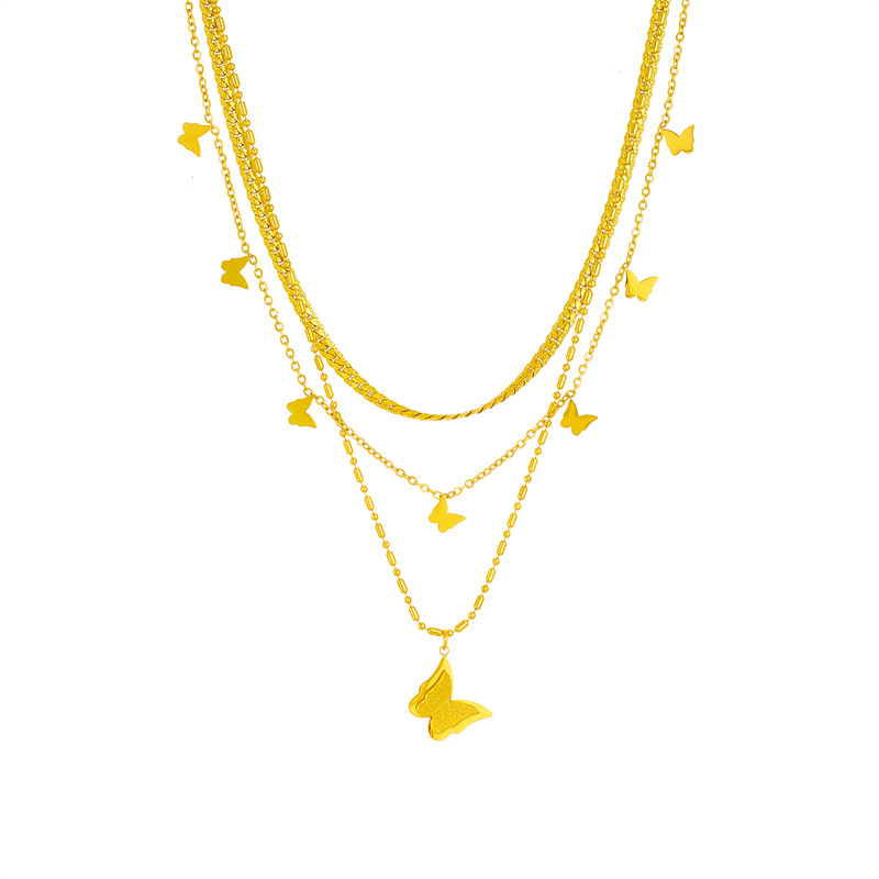 Women's Gender IG Style Sweet Butterfly Titanium Steel Wholesale Three Layer Necklace