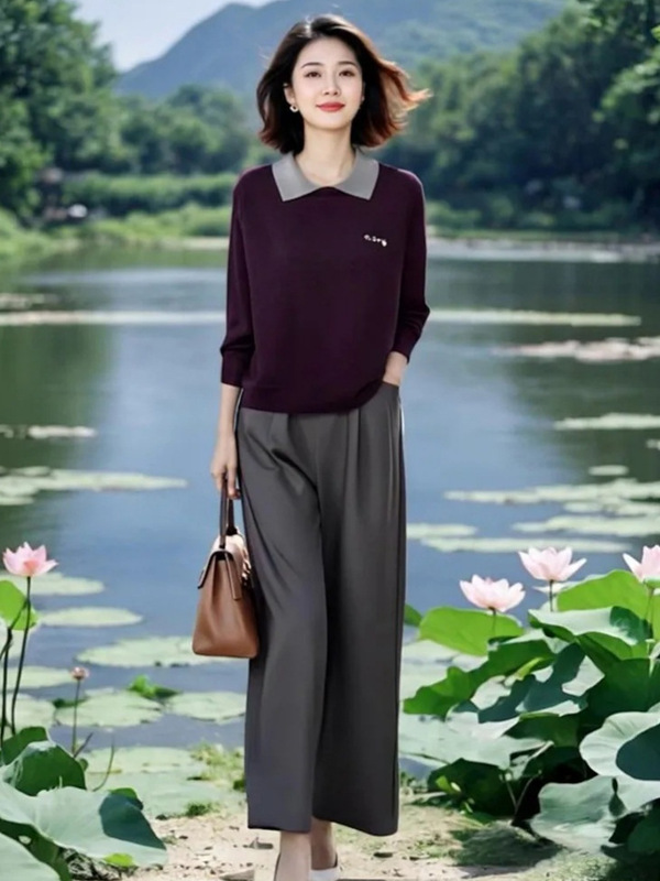 时尚洋气polo领针织衫高腰显瘦休闲裤两件套女装早秋冬2025新款|undefined