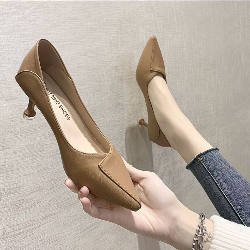 3cm Comfortable soft leather high heels for women 2026 French style stiletto 5cm pointed toe mid-heel flats versatile work shoes
