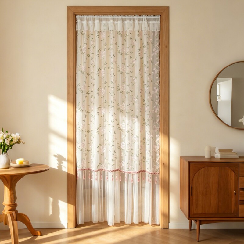 Amazon French-Style Pastoral Lace Embroidered Door Curtain with Hanging Beads, Dustproof and Insect-Proof Double-Layer Lace Partition