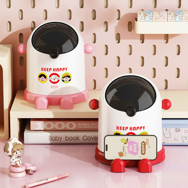 Mini Desktop Trash Can and Phone Holder Two-In-One Desktop Flip-Top Storage Cartoon Dormitory Vanity Table Miscellaneous Bin