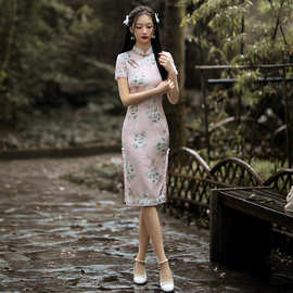 敏轩旗袍2021年新款纺丝双层短袖旗袍传统改良少女装旗袍蕾丝边裙