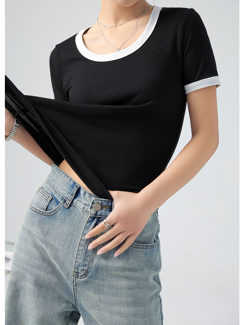 Camiseta de Verano para Mujer, Cuello Redondo, Manga Corta, Bloques de Color, Estilo Moderno, Imitación Algodón, Estilo Francés image 5