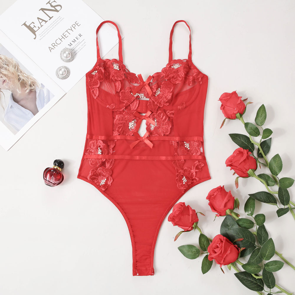 Embroidery Bow Solid Color Lace Mesh One-Piece Sexy Lingerie NSMDN112946