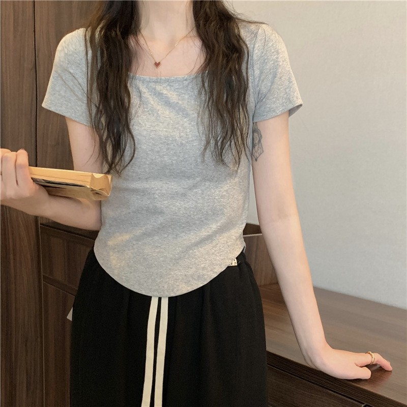 2024 verano nuevo estilo coreano camiseta de manga corta femenina ins diseño de nicho delgado delgado top con cuello en U ventas directas de fábrica