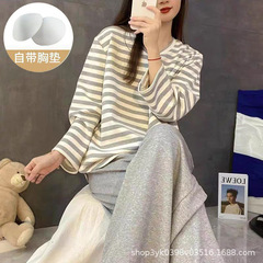 跨境女士睡衣带胸垫春秋季长袖长裤条纹家居服套装免穿文胸可外穿