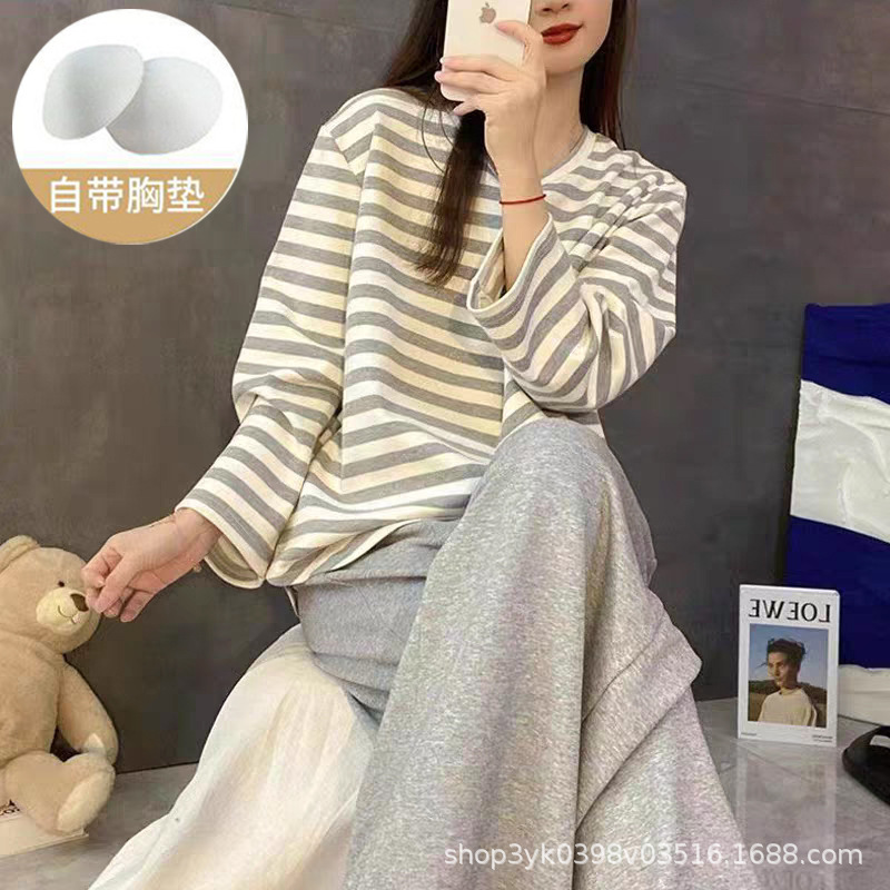 Cross-Border Women's Pajamas with Chest Pads, Spring and Autumn Long-Sleeved Long Pants Striped Loungewear Set, No Need to Wear a Bra, Can Be Worn Outside Cross-Border Women's Pajamas with Chest Pads, Spring and Autumn Long-Sleeved Long Pants Striped Loungewear Set, No Need to Wear a Bra, Can Be Worn Outside