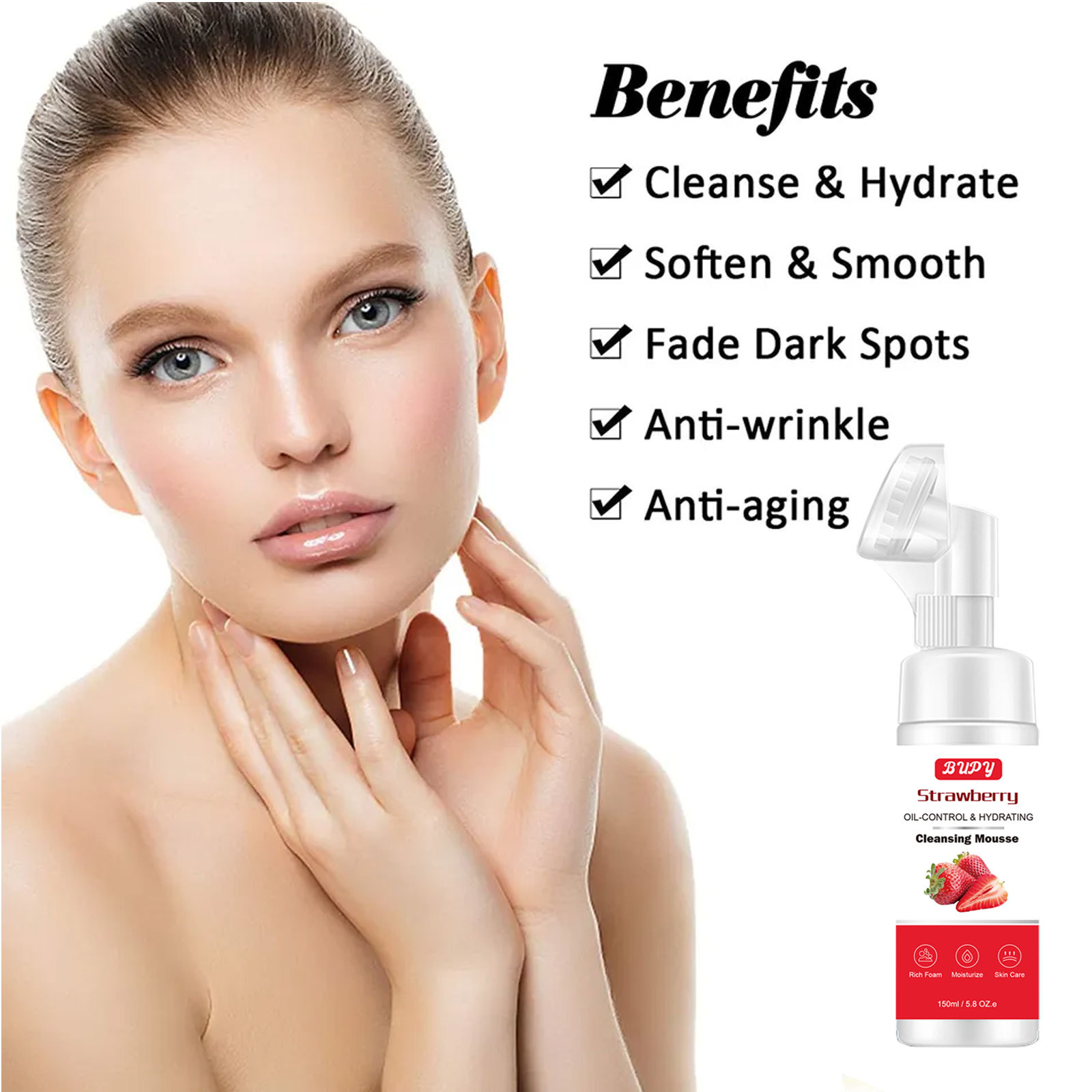 Strawberry Cleansing BUPY Mousse Facial Cleanser Sensitive skin is fresh, clean, delicate, and deeply cleansed_voghion.com