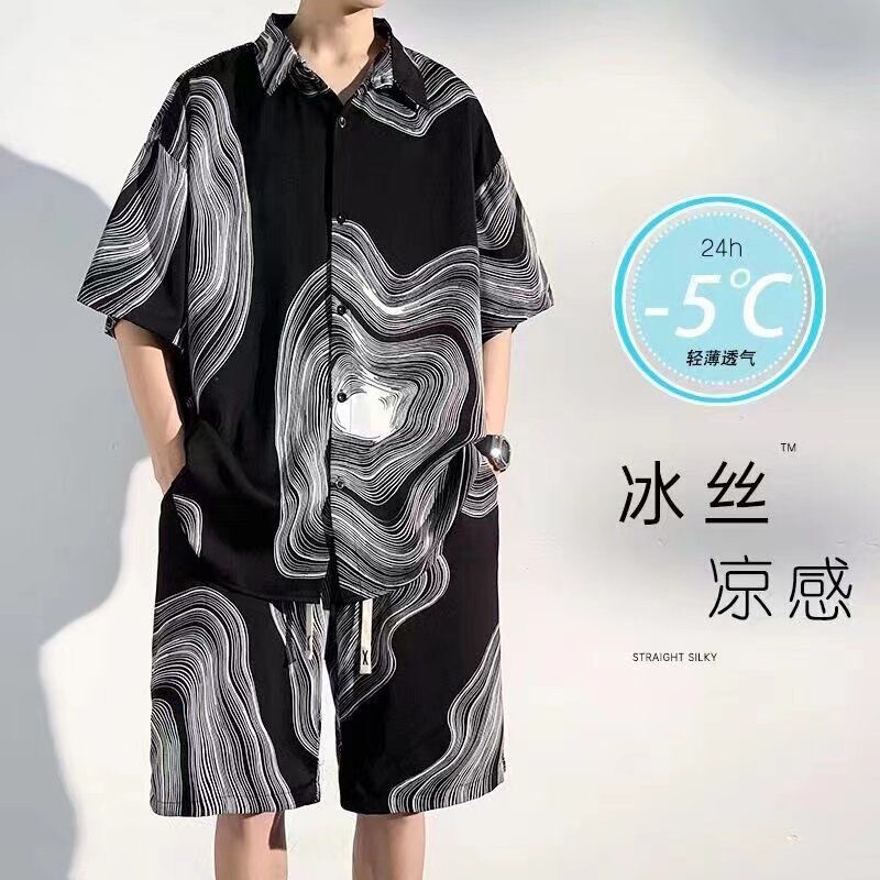 Summer Casual Suit, Cool Ice Silk Short-Sleeved Shirt, Three-Quarter Shorts, Two-Piece Suit, Trendy and Handsome Set for Men