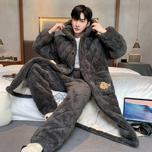 简约青年珊瑚绒夹棉睡衣男秋冬季套装加厚保暖家居服法兰绒休闲