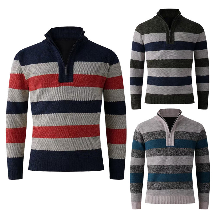 Aliexpress camiseta de punto a rayas para hombres otoño y invierno nuevo medio cremallera collar grueso ocio para hombres ocio suéter universal
