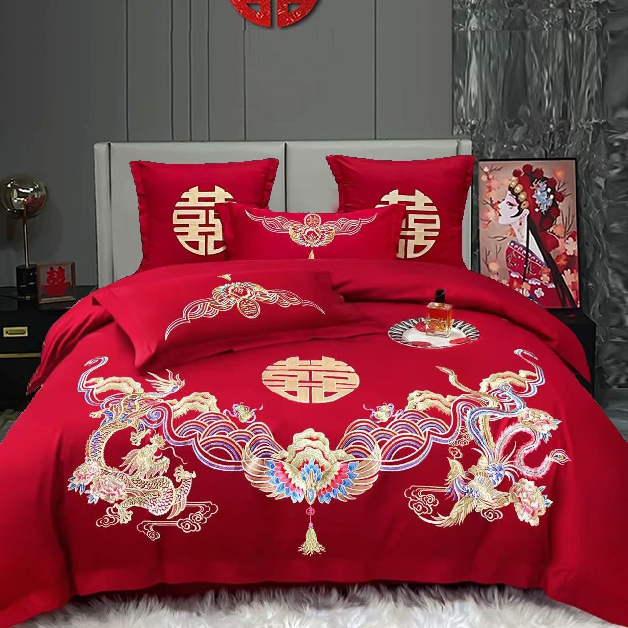 Cuatro piezas de boda china dragón-fénix bordado sábanas de boda rojas casa de boda colcha de cama image 27