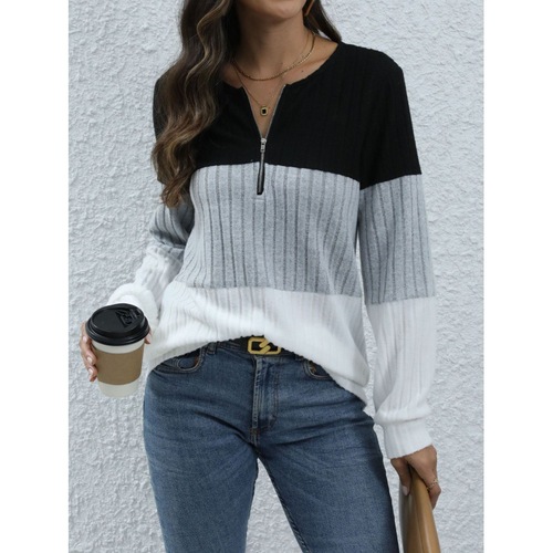 Women's Fashion Spring European and American Long Sleeve Zipper Contrast Color Top