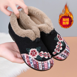 Middle-aged and old mother shoes 2024 winter new old Beijing cotton shoes fleece-lined warm one-step embroidered cotton boots for women