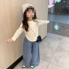 韓国版の女の子のtシャツの長袖の秋の服の女の子の不規則な底のシャツの洋風の百合の丸首の短いタイプ0206a002