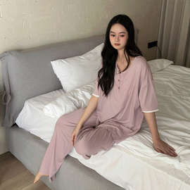 睡衣女春夏季纯棉薄短袖带胸垫可外穿带胸垫简约家居服套装