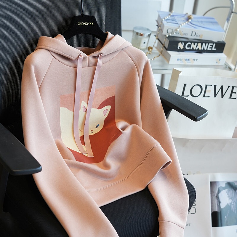 Cat print~air layer space cotton loose hooded sweatshirt women's short jacket for autumn Cat print~air layer space cotton loose hooded sweatshirt women's short jacket for autumn