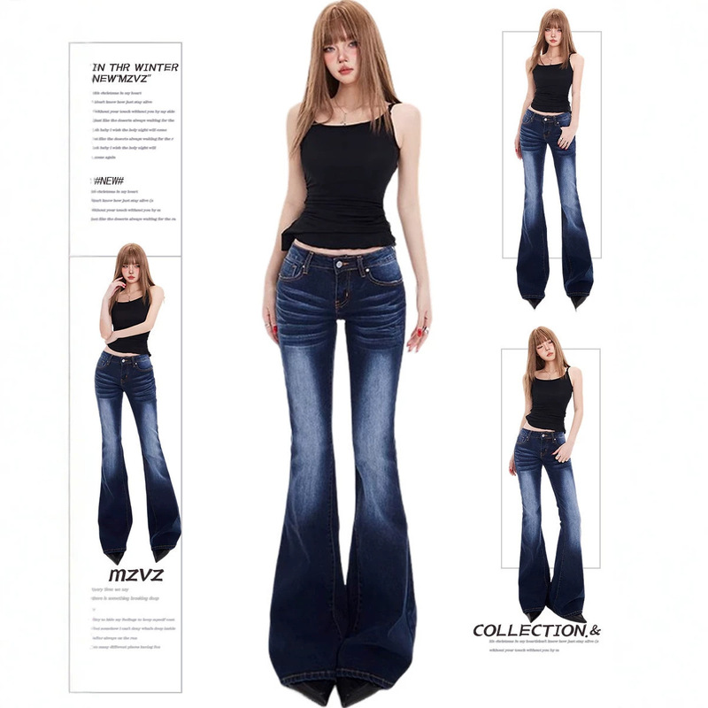Autumn American-style hot girl low-waist flared jeans for women, 2026 summer new slim-fit bell-bottom floor-length pants