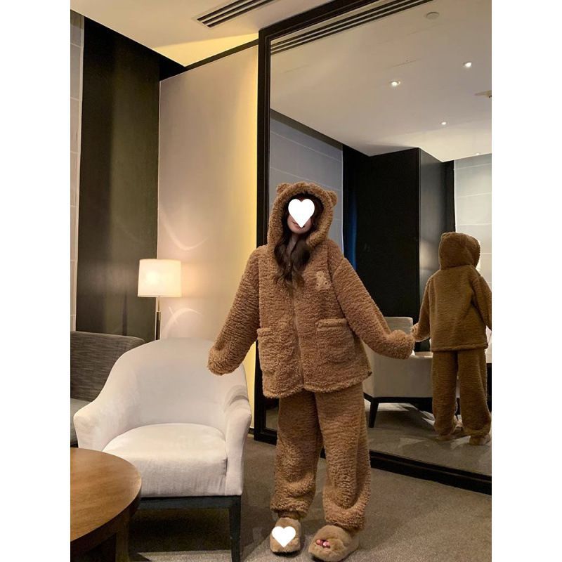 (2개) 귀여운 곰 잠옷 여성 겨울 두꺼운 따뜻한 산호 양털 정장 캐주얼 잠옷 바지 바지 홈 의류 투피스 세트