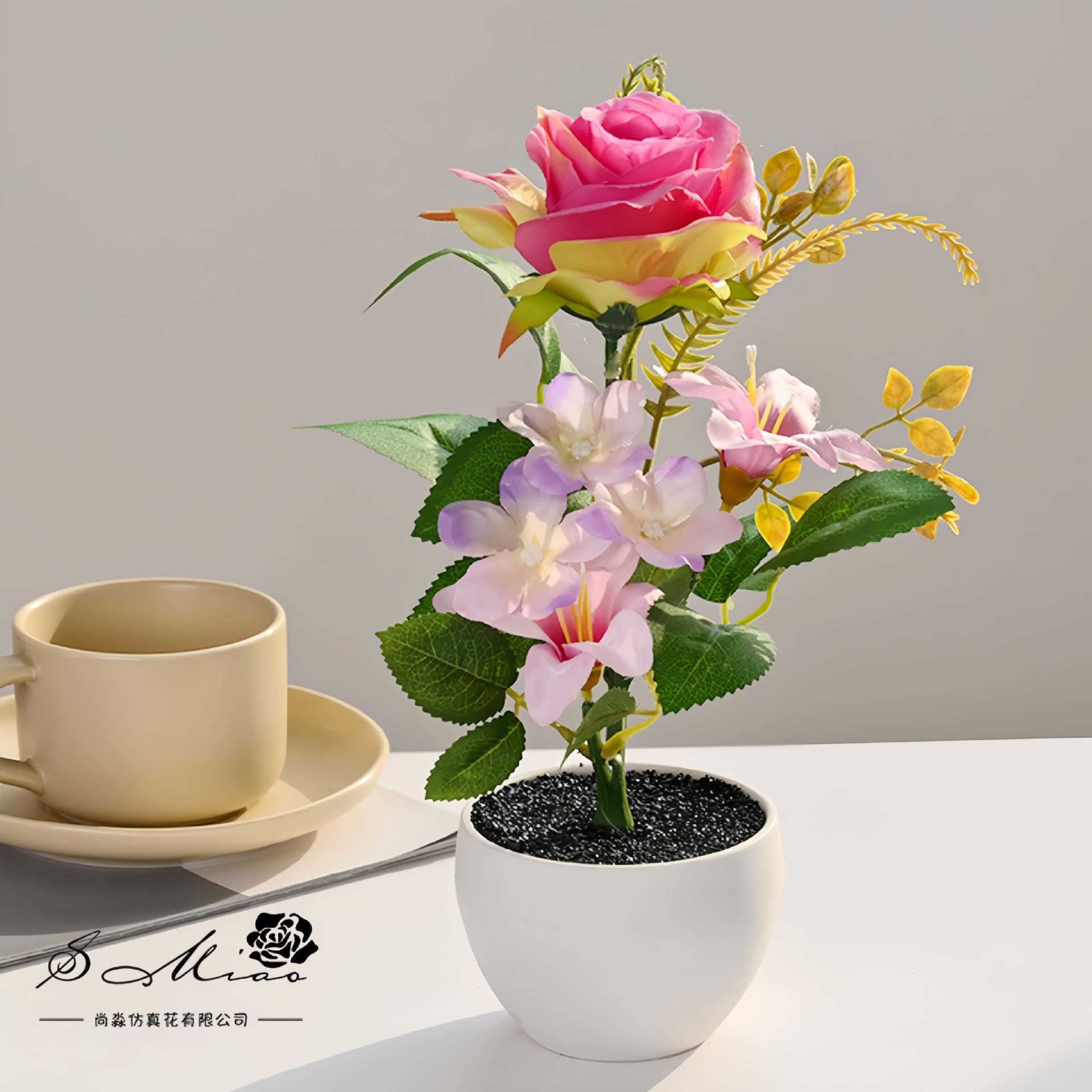 Nuevo producto transfronterizo rosa pequeño bonsai flor de simulación creativa decoración de estudio fotográfico para el hogar decoración planta verde artificial simulación planta en maceta